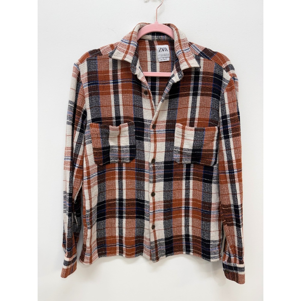 Zara Plaid Button Down Shirt Size Small Relaxed Fit Textured Multi-Color Pockets